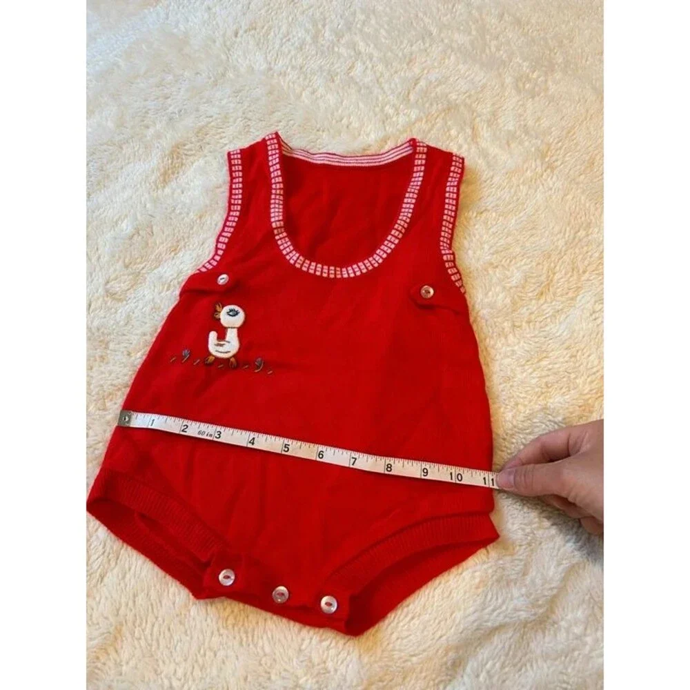 Vintage Funky Duck Embroidered Snap Baby Romper Red Summer